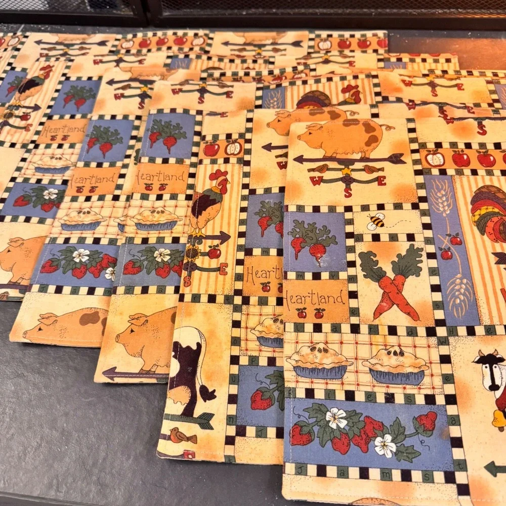 HANDCRAFTED Farmhouse Reversible Placemats Set of 4 Rooster Cow Country‎ Kitchen